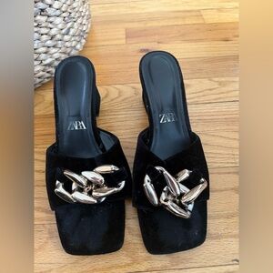 Zara Black Mules with Bold Gold Chain